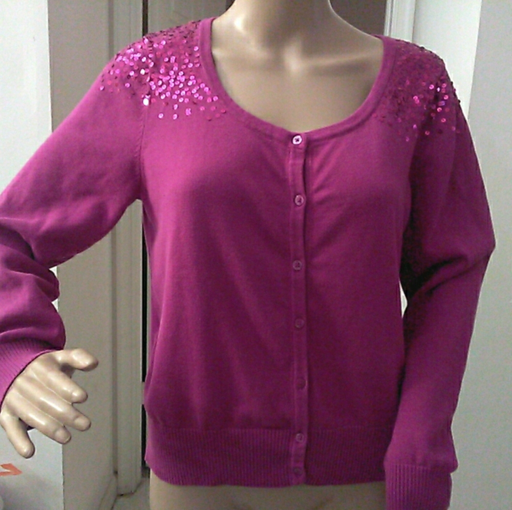 Elle Magenta Sequin Embellished Cardigan Super SOFT Cotton Sz. LG Gorgeous Color
